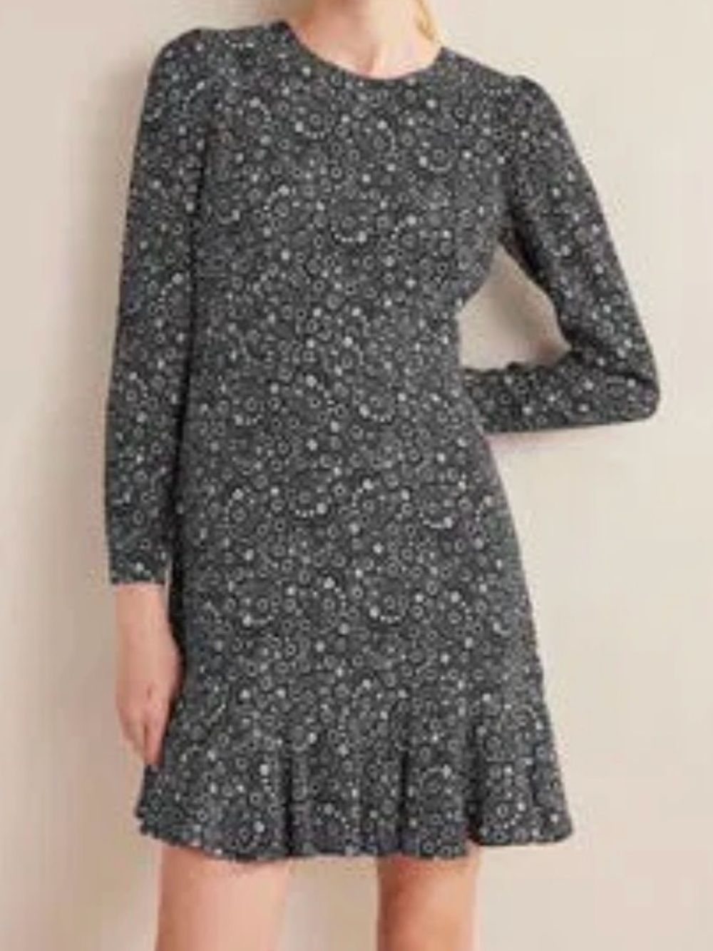 Boden Black and White Floral Long-Sleeve Ruffle-Hem Dress